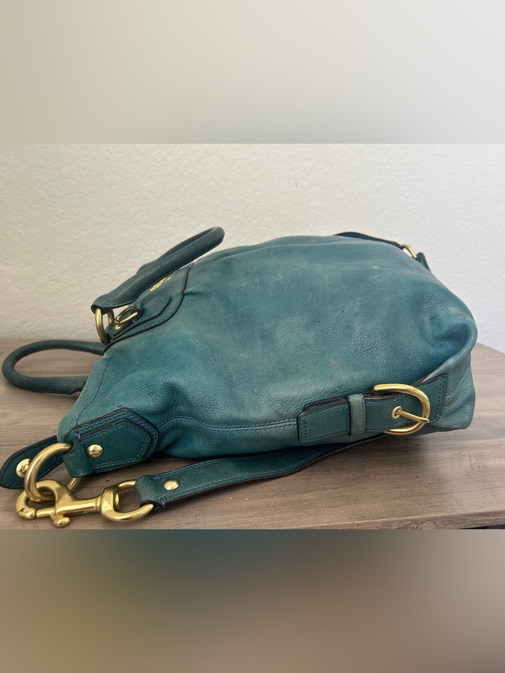 Coach Madison Leather Julianne Tote Teal and Gold Shoulder Bag Purse Handbag - Picture 4 of 12